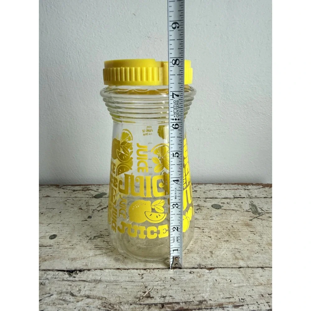 Vintage Glass Juice Carafe Pitcher Yellow Citrus Print Retro Flip Top Lid 8 Inch